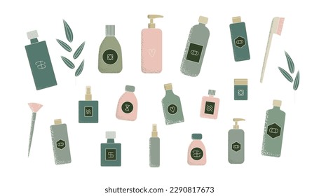 Cartoon eco cosmetic bottles, jars, leaves. Body hair skin care organic pruduct tubes, cleanser, soap for face, oil scrub, cream, lotion facial gel vector illustrations.