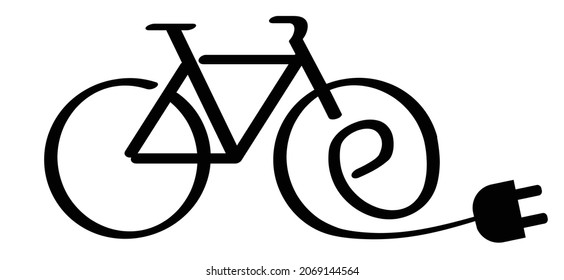 Cartoon eco electric bicycle, cycling, e-bike charge sign. Electric plug, bike, cyclist battery charger pictogram. Flat vector ebike signs. Charging point symbol or logo.