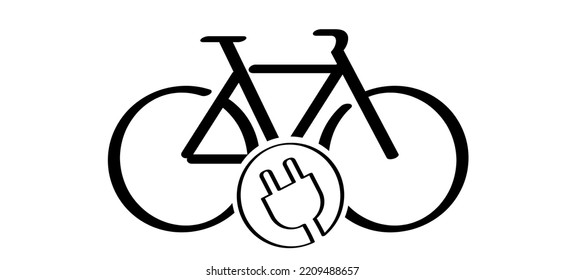 Cartoon eco electric bicycle, cycling, e-bike charge sign. Electric plug, bike, cyclist battery charger pictogram. Flat vector ebike signs. Charging point symbol or logo.
