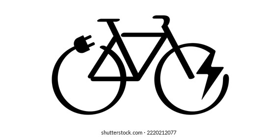 Cartoon eco electric bicycle, cycling, e-bike charge sign. Electric plug, bike, cyclist battery charger pictogram. Flat vector ebike signs. Charging point symbol or logo.