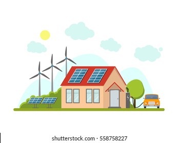 Cartoon Eco Energy Home Exterior Facade Renewable Resources Of Nature Flat Design Style. Vector illustration