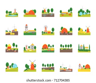 Cartoon Eco Farm Landscape Color Icons Set with Wind Generator and Rural Equipment Concept Flat Design Style. Vector illustration of Farming