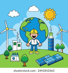 Cartoon of eco friendly concept. Green Energy, Ecology, and  Environmentally friendly. Save the planet , Earth day concept.
