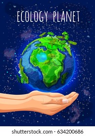 Cartoon Eco Planet Poster Of Hands Holding Earth Globe With Green Trees And Land In Space Vector Illustration