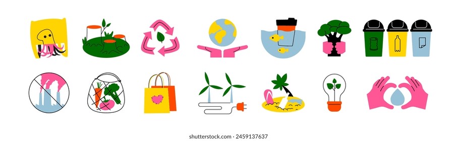 Cartoon eco recycle stickers in retro groovy style. Ecology, organic products, natural product, vegan, bio, environmental protection. Vector set elements.