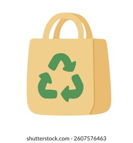 Cartoon eco shopping bag with recycling symbol. Sustainable and reusable alternative to plastic.