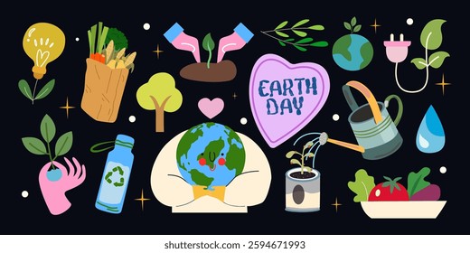 Cartoon eco stickers in retro flat style. Caring for nature, environmental problems and environmental protection. Vector illustration for International Mother Earth Day