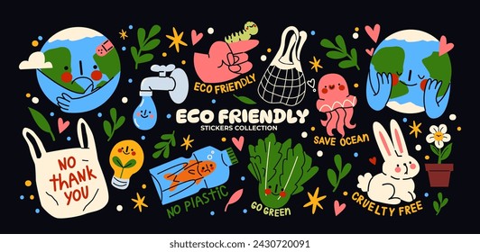 Pegatinas ecológicas de dibujos animados en estilo retro groovy. Ecología, productos orgánicos, producto natural, vegano, bio, protección del medio ambiente. Elementos de conjunto de vectores