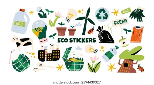 Cartoon eco stickers in retro groovy style. Ecology, organic products, natural product, vegan, bio, environmental protection. Vector set elements	