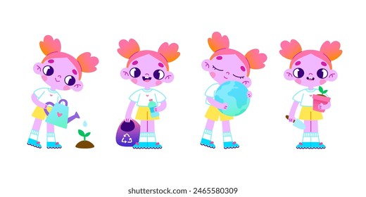 Cartoon eco volunteer character set. Vector environmental care collection with cute child. 