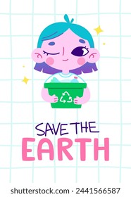 Cartoon ecological poster about recycling with girl holding container. Colorful environmental banner for kids.