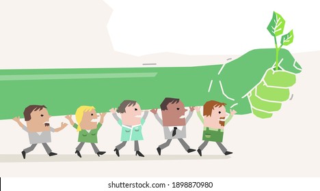 Cartoon Ecologist People, Marching and Protesting with a Big Green Fist - paper-cut style