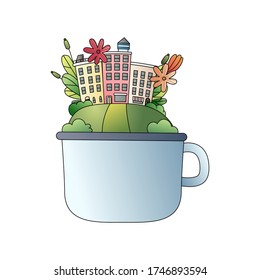 Cartoon of ecology city concept with flower on teacup and white background, eps 10 vector.