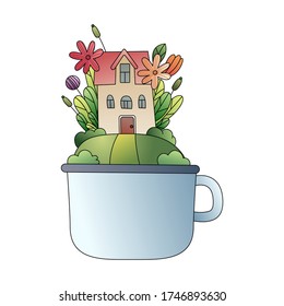 Cartoon of ecology city concept with flower on teacup and white background, eps 10 vector.