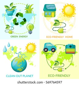 Cartoon ecology concept with environmental energy efficient elements and green natural floral icons vector illustration
