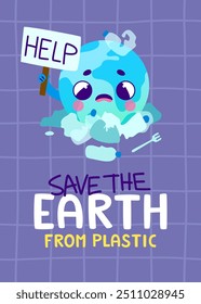 Cartoon ecology poster with sad earth planet in pile of plastic waste.Vector banner about environmental problem.
