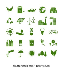 Cartoon Ecology Signs Green Icons Set Ecological Power Concept Flat Design Style. Vector illustration of Eco Symbol Icon