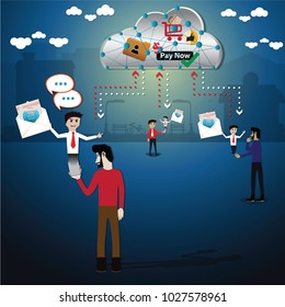 Cartoon ecommerce, used big data and AI in business,mobile application - vector illustration