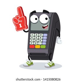 cartoon EDC card swipe machine character mascot with the number 1 one sports fan hand glove on a white background