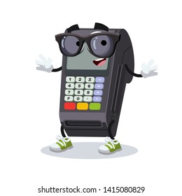 cartoon EDC card swipe machine character mascot in black sunglasses on a white background
