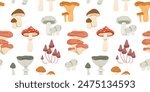 Cartoon edible and poisonous mushrooms, autumn forest plants. Seasonal mushroom food, chanterelle, champignon and amanita flat vector seamless pattern. Natural organic mushrooms