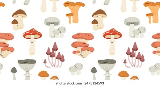 Cartoon edible and poisonous mushrooms, autumn forest plants. Seasonal mushroom food, chanterelle, champignon and amanita flat vector seamless pattern. Natural organic mushrooms