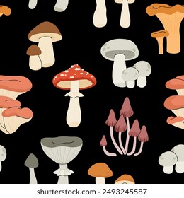 Cartoon edible and poisonous mushrooms, autumn forest plants. Seasonal mushroom food, chanterelle, champignon and amanita flat vector seamless pattern. Natural organic mushrooms