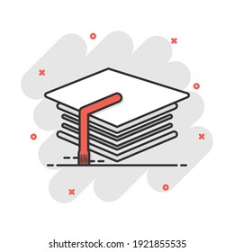 Cartoon education and book icon in comic style. Bachelor cap illustration pictogram. Education sign splash business concept.