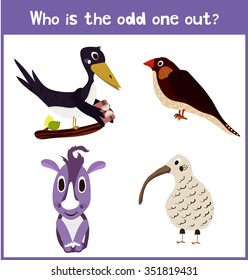Cartoon of Education to find 1 extra pet from four birds in children's pictures . Matching Game for Preschool Children. Vector illustration