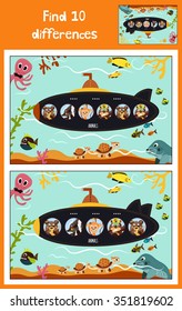 Cartoon of Education to find 10 differences in children's pictures submarine floats with animals among marine fishes and inhabitants . Matching Game for Preschool Children. Vector illustration