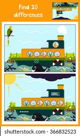 Cartoon of Education to find 10 differences in children's pictures, the boat floats with wild forest animals among marine fishes. Matching Game for Preschool Children. Vector illustration