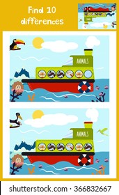 Cartoon of Education to find 10 differences in children's pictures of the boat with the animals of the wild jungle among marine fish, plants . Matching Game for Preschool Children. Vector illustration