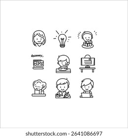 Cartoon education learning study knowledge idea discovery vector line art doodle illustration icon set