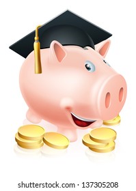 Cartoon education piggy bank with mortar board graduation hat on and gold coins. Concept for saving money for an education or schooling or college finances etc. 