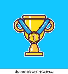 Cartoon education trophy and medal icon with outline