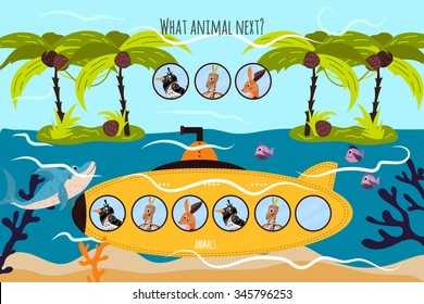 Cartoon of Education will continue the logical series of colourful animals on a yellow submarine among tropical Islands. Matching Game for Preschool Children. Vector illustration