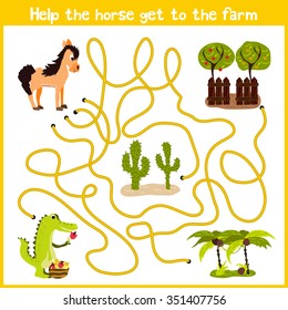 Cartoon of Education will continue the logical way home of colourful animals. Spend a nice home on horse farm on the right track. Matching Game for Preschool Children. Vector illustration