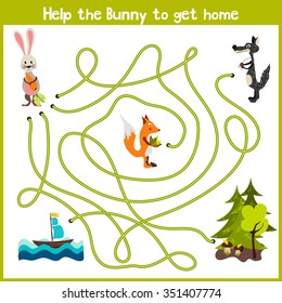 Cartoon of Education will continue the logical way home of colourful animals. Bring the Bunny home in the wild forest by a wolf and a Fox. Matching Game for Preschool Children. Vector illustration