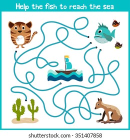Cartoon of Education will continue the logical way home of colourful animals.Help take the fish home in the sea right on the stream. Matching Game for Preschool Children. Vector illustration