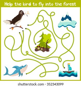 Cartoon of Education will continue the logical way home of colourful animals. Help the bird Nightingale to get home in the wild forest. Matching Game for Preschool Children. Vector illustration