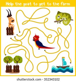 Cartoon of Education will continue the logical way home of colourful animals.Help to get the goat home to the farm on the right path. Matching Game for Preschool Children. Vector illustration