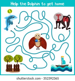 Cartoon of Education will continue the logical way home of colourful animals. Help little Dolphin to swim home in the ocean. Matching Game for Preschool Children. Vector