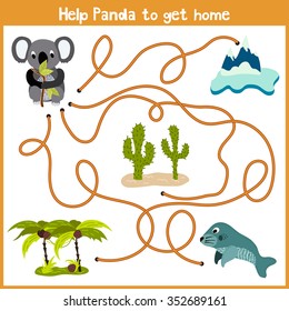 Cartoon of Education will continue the logical way home of colorful animals. Help marsupial the Koala bear to get home to Australia and not get lost. Matching Game for Preschool Children. Vector