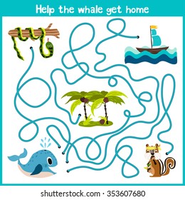 Cartoon of Education will continue the logical way home of colourful animals.Help the whale to swim into the water home right on the river. Matching Game for Preschool Children. Vector illustration