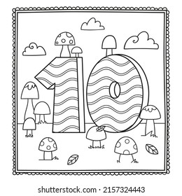Cartoon Educational Coloring Book for Children with Funny Mushrooms. Vector Cute Black and White Illustration with Number Ten