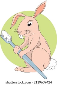 Cartoon Educative Rabbit Brushing Teeth Dentist Concept Vector Art Isolated on White