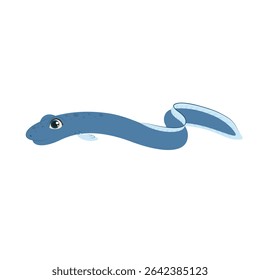Cartoon eel in blue color, designed for children’s books, ocean-themed prints, and educational projects. Vector sea creature on a white background.