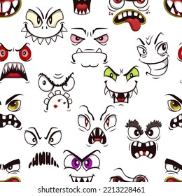 La espeluznante caricatura y el monstruo enojado se enfrentan a un patrón ininterrumpido. Fondo vectorial con las muzzles de criatura monstruo espeluznantes. Emociones grises o gruñones, personajes alienígenas de Halloween aislados, emojis murmurales espeluznantes