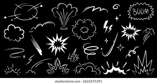 Cartoon effects boom explosive motion line element set. Hand drawn sketch doodle action effects. Comic boom burst, explosive. Speed line cartoon vector icon on black background.