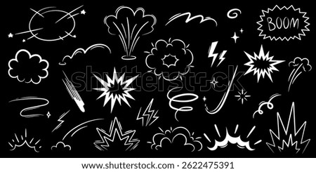 Cartoon effects boom explosive motion line element set. Hand drawn sketch doodle action effects. Comic boom burst, explosive. Speed line cartoon vector icon on black background.